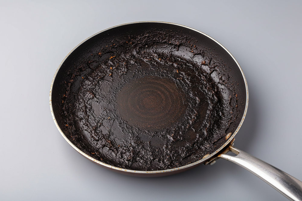 Photorealistic product image of a frying pan shown from a slight top-down angle. The pan surface is covered with heavy, old, baked-on grease and burnt food residue. Dark, crusted buildup appears dry, hardened, and stuck on from long-term use, especially around the edges and center. Realistic texture detail showing tough stains and carbon buildup. Neutral studio background, soft professional lighting, sharp focus, ultra-realistic, e-commerce product photography style, no text, no logos.